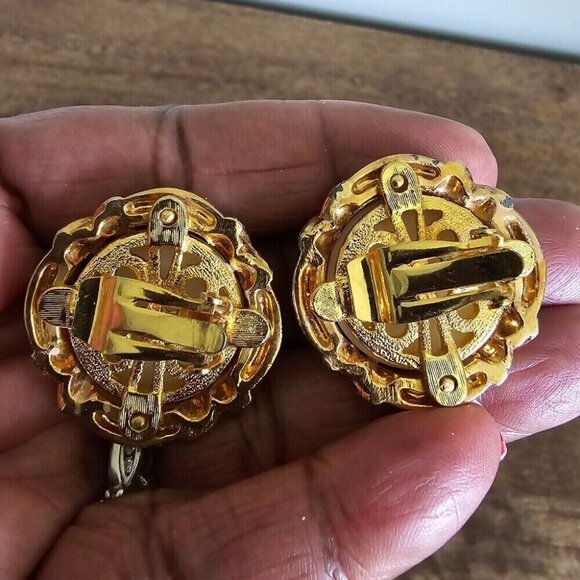 Vintage Birdcage Rhinestone Crystal Button Gold Green Faux Pearl Earrings - Picture 5 of 6